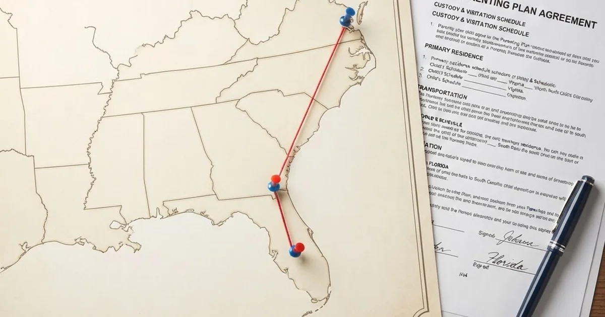 co-parenting across state lines — map with pins connecting states and parenting plan agreement document